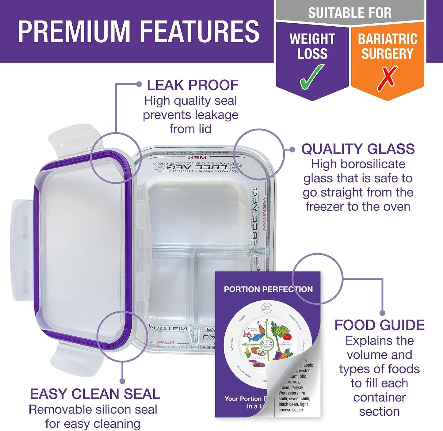 Portion Perfection Portion Control Containers - Glass Oven Ready, Freezer Safe Meal Prep Containers Reusable for Food 3pk, 3 Compartment with Lids, Practical Weight Control Products