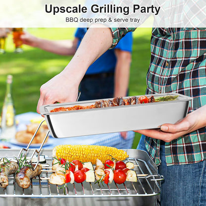 Grilling Prep and Serve Trays, 4 in 1 Stackable Stainless Steel BBQ Food Prep Trays with Cutting Board, Deep Marinating Container, Cooling Rack, Grill Pans BBQ Prep Tub, BBQ Accessories Gift