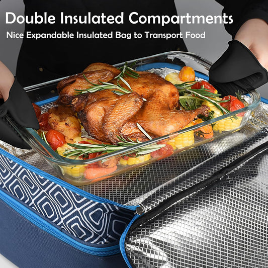CaCTOUR Casserole Carrier for Hot or Cold Food, Expandable Double Decker Food Carrier with Silicone Hand Protectors - Fits 9“x13” Baking Dish-Lasagna Holder Tote for Parties Potluck Picnic (Gray)