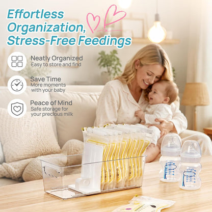 Vtopmart 4 Pack Breast Milk Storage Bags Container with Sliding Adjustable Dividers, Flexibly Adjust Compartments for Breast Milk Storage, Fridge and Freezer Organizer Bins