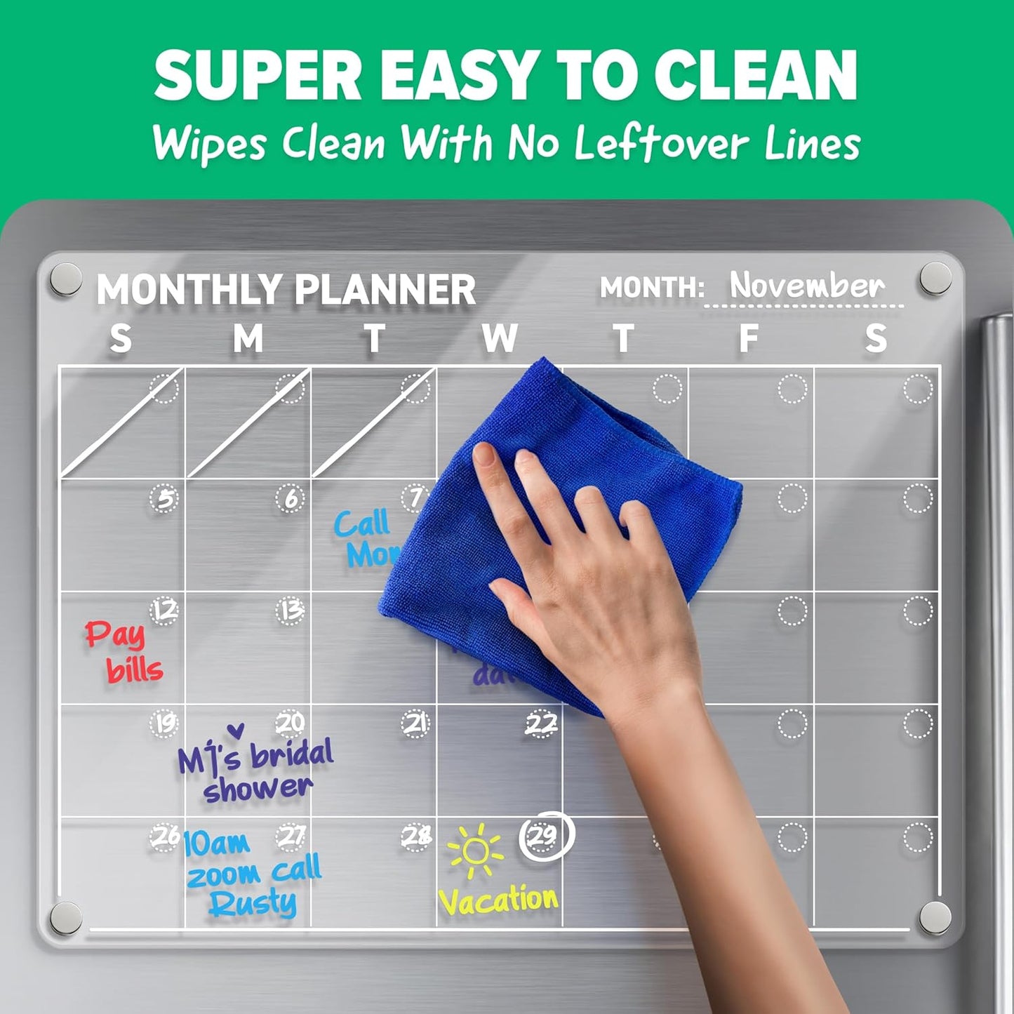 Acrylic Calendar for Fridge - Magnetic Calendar for Refrigerator - 2pc Family Refrigerator Magnetic Dry Erase Planning Board Monthly Weekly - 6 Liquid Chalk Markers & 3 Interchangeable Backgrounds