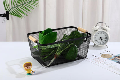 AJIODA Metal Mesh Steel Basket, Large Wire Storage Organizer Basket Multi-function Hanging Kitchen Baskets with Wood Handle for Kitchen Bathroom Picnic Home, Rectangle-Off White
