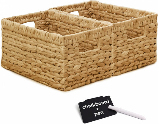 KOKODO Wicker Storage Basket Set of 2, Rectangular Baskets for Shelves with Handles & Chalkboard Labels, Handwoven Water Hyacinth Baskets for Organizing Pantry, Closet & Home.