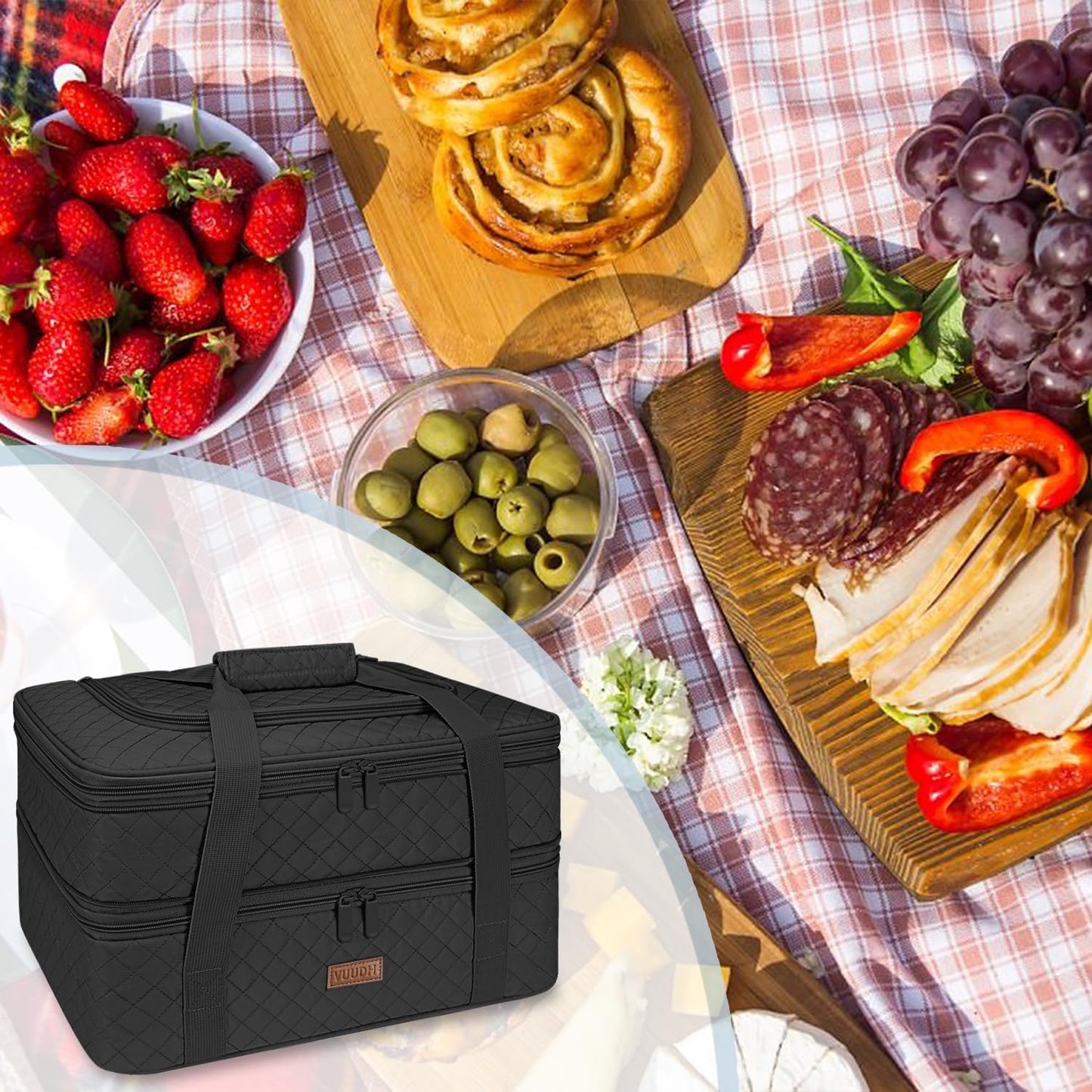 Quilted Double Decker Casserole Carrier - Expandable Dish Carrying Case for Hot or Cold Food, Lasagna Holder for Potluck Parties, Picnic, Beach, Fits 9"×13" Baking Dish (Black)