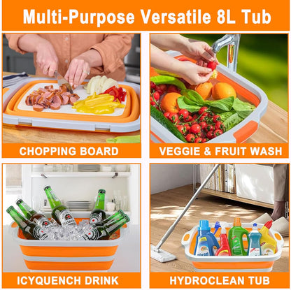 Collapsible BBQ Prep Tub 8L Black | Portable Meat Marinating Container with Locking Cutting Board Lid, BBQ Tongs, 2 Meat Shredding Claws & 2 Heat-Resistant Grill Gloves for Camping & Grilling