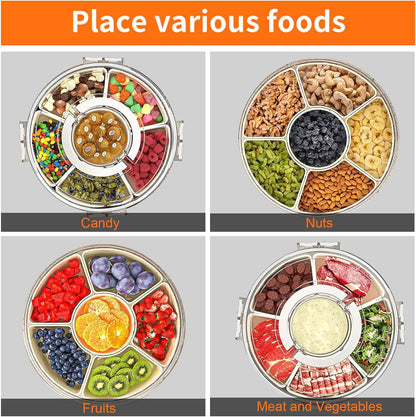 Divided Serving Tray with Lid and Handle, Portable Snackle Box Container for Fruits Snacks Charcuterie Organizer, Spinning Rounded Veggie Tray for Kitchen, Party, Travel and Picnic