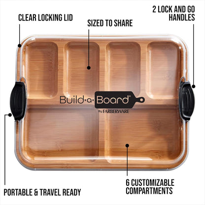 Farberware Build-A-Board Bamboo Cutting Board with Built-In Compartments & Clear Locking Lid, Black Handles, Charcuterie, Snack Tray, Food Prep and Serving Platter