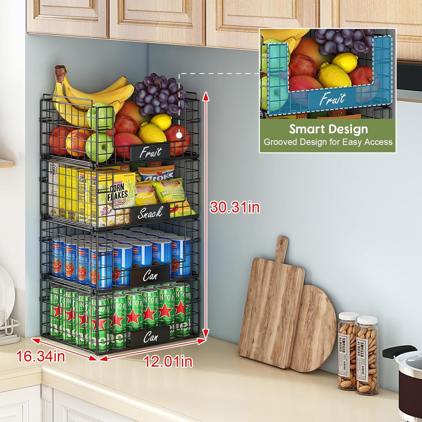 JKsmart 8-Tier Stackable Wire Basket, Can Organizer for Pantry Kitchen, XXL Metal Storage Shelves with Dividers & Handles, Easy Assembly Space Saving Storage Bins for Snacks Fruits Veggies