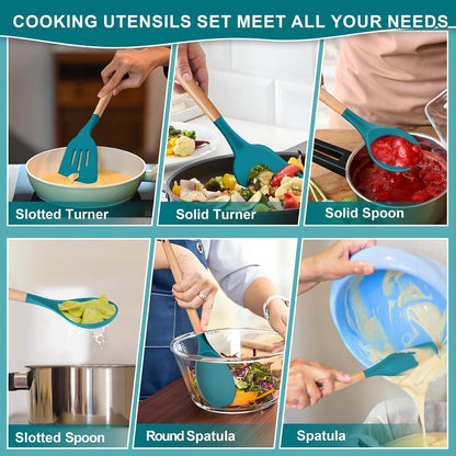 P&P CHEF Silicone Cooking Utensils Set, 12PCS Kitchen Utensils Set with Wooden Handle for Nonstick Cookware, Ladle, Spoon, Spatula, Tong, Heat-resistant & Non-scratch, Non Smell & Healthy, Khaki