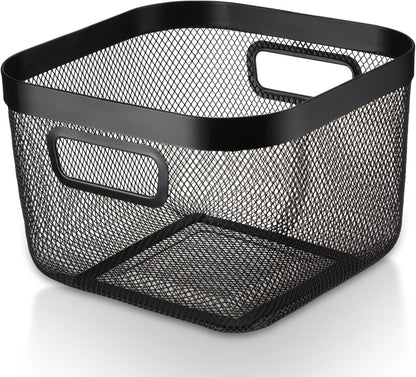 MorningRo 6 Pack Metal Mesh Basket with Hollow Handles Black Wire Storage Bin for Organizing Stackable Metal Fine Mesh Basket for Pantry Bathroom Kitchen Cabinets Shelves (Medium)