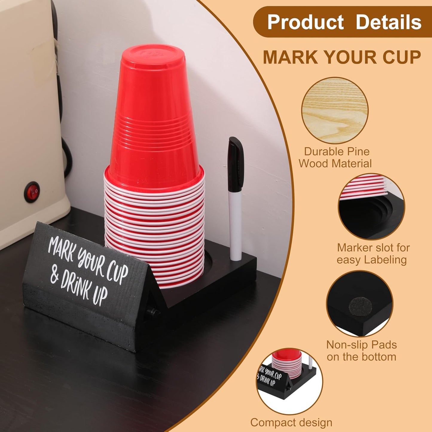 Wooden Brown Party Cup Holder with Marker Slot | Mark Your Cup and Drink Up Cup Holder |Hosting Party Essentials |Disposable Mug Dispenser for Birthday, BBQ, Holiday Events,Housewarming Gift (Brown)