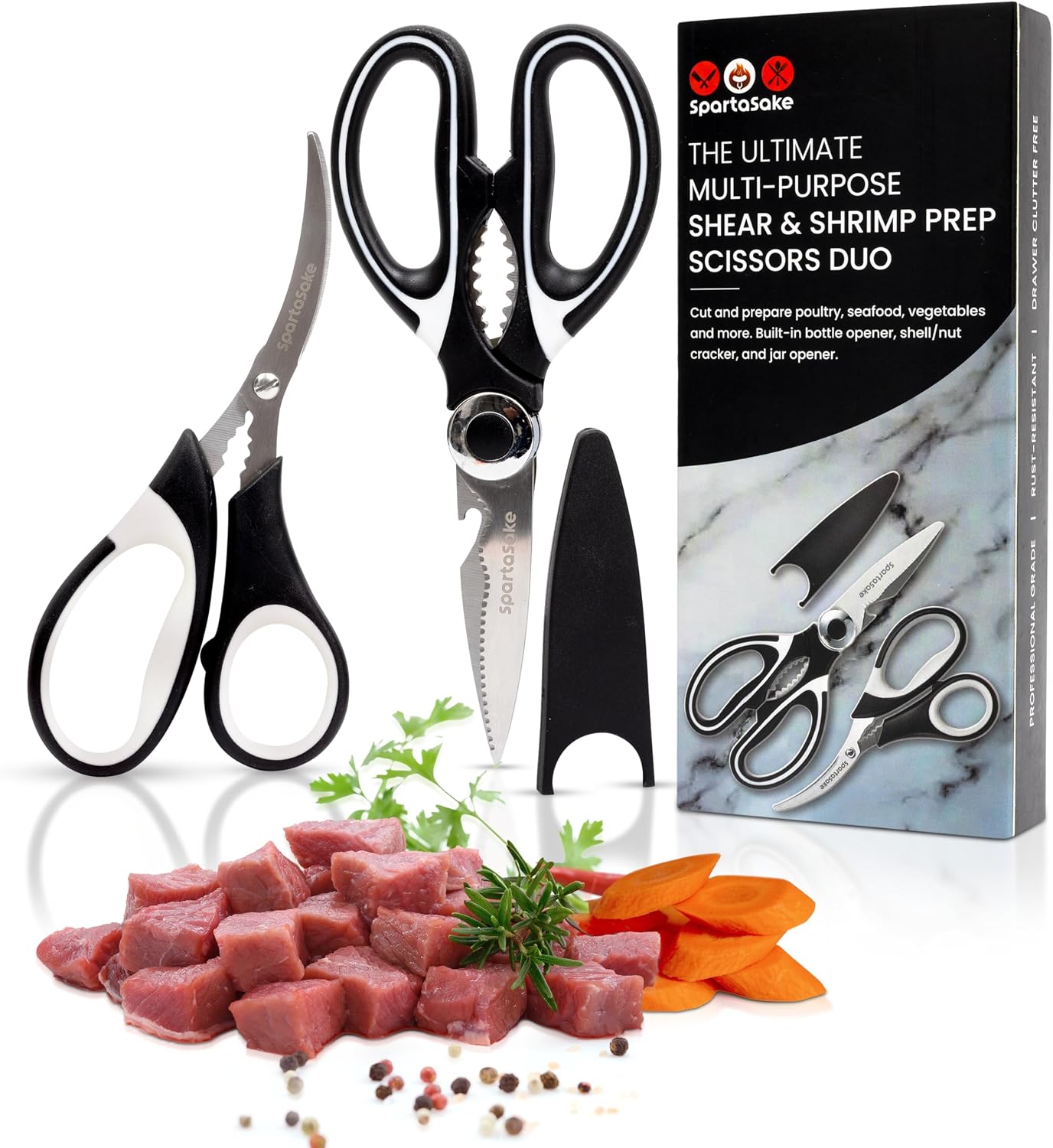 SpartaSake Premium Stainless Steel All Purpose Kitchen Shears with Sleeve - Heavy Duty Ultra Sharp kitchen Scissors for Food - Multipurpose Food Scissors for Meat Poultry Vegetable (Black-White)