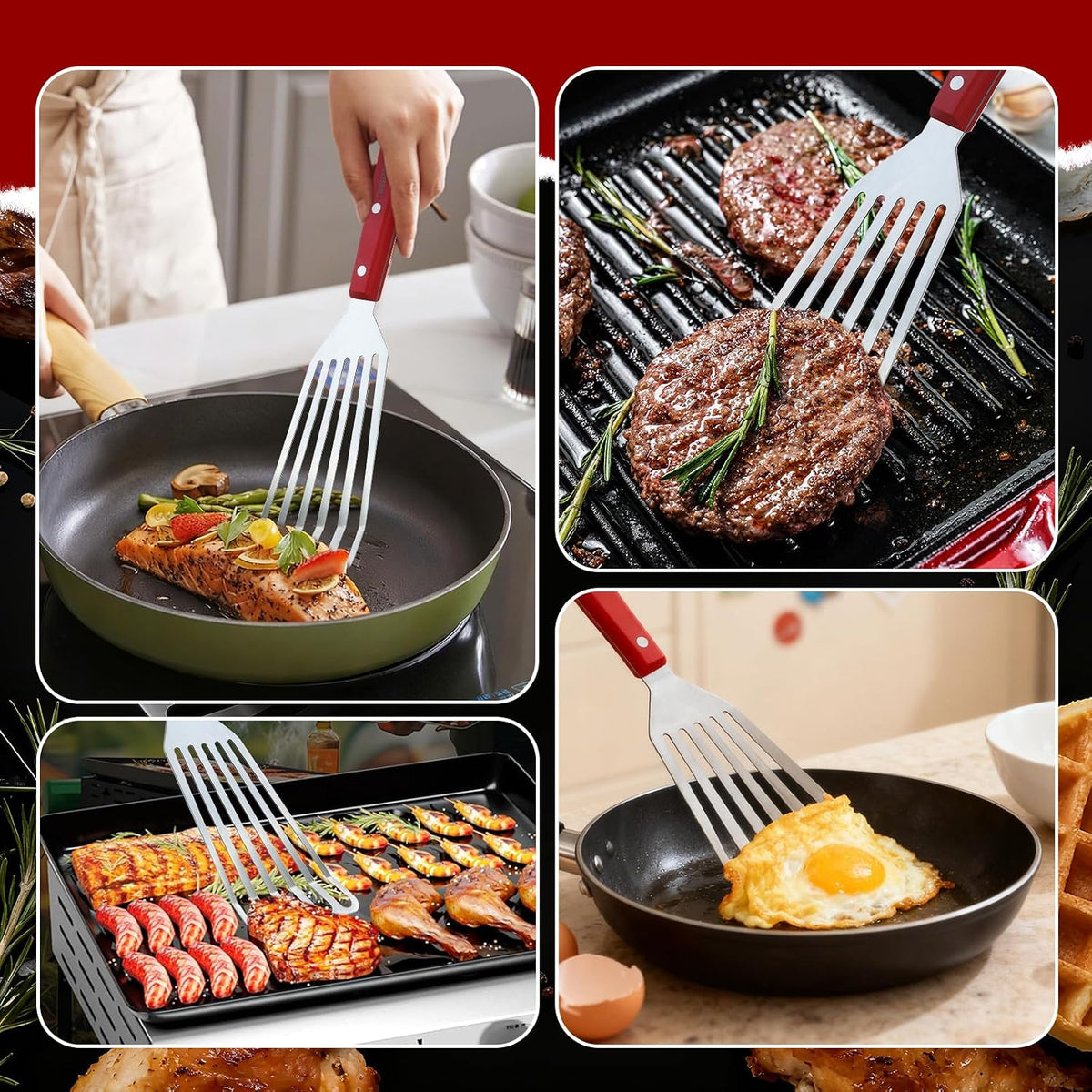 GRILLGEN Fish Spatula Stainless Steel -12.4" Metal Slotted Turner with Full Tang Red Handle, Ultra-Thin Flexible Fish Flipper for Cast Iron Skillet & Grilling, Flipping Eggs & Pancakes, Heavy Duty