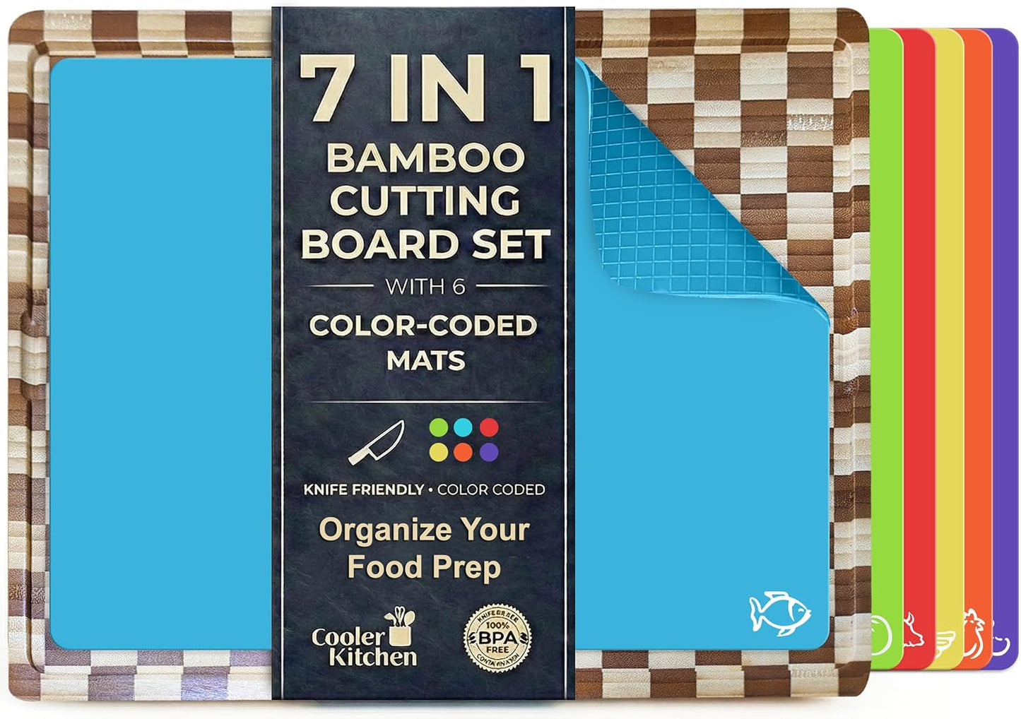 Bamboo Cutting Board Set with 6 Color Coded Flexible Mats Food Icons, BPA-Free Non Slip Easy Clean Cutting Boards for Kitchen with Holder, Dishwasher Safe, Meal Prep & Serving, Large | Cooler Kitchen