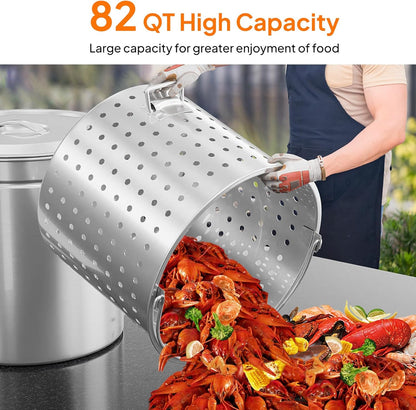 Bonnlo 30QT Aluminum Stock Pot for Boiling Seafood, Crawfish & Crab, Frying Turkey & Steaming Tamales, Large Boil Pot with Strainer Basket, Lid, Lifting Hook & Steamer Rack for Outdoor Cooking