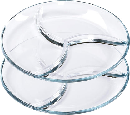 FOYO Round Tempered Glass Serving Platters/Trays - 3 Sectional -10'' Diameter, Set of 2