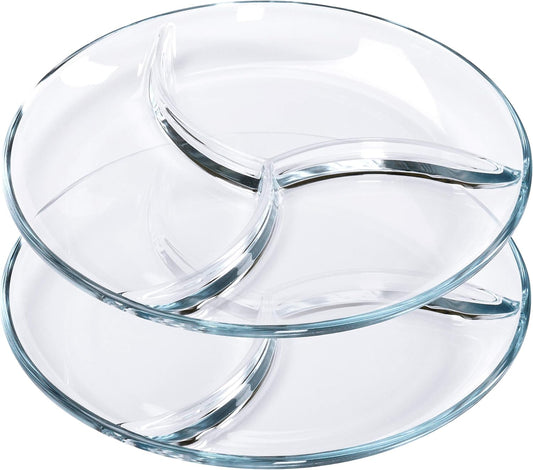 FOYO Round Tempered Glass Serving Platters/Trays - 3 Sectional -10'' Diameter, Set of 2