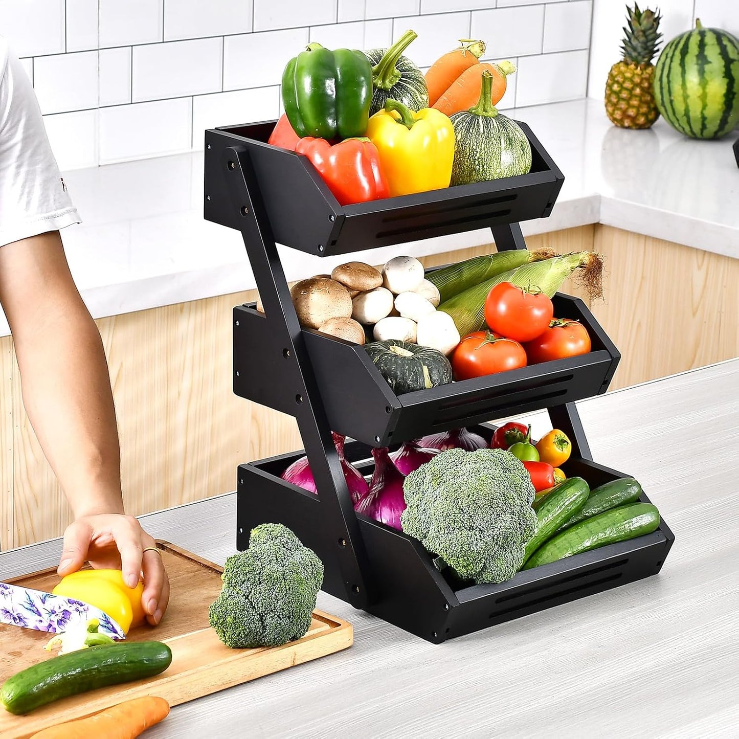 VIKEYHOME Fruit Basket, 2 Tier Bamboo Fruit Basket for Kitchen, 11" Tall Fruit Stand Storage Holder, Heavy Duty/Large Capacity for Vegetables, Fruit, and Snack, 15 mm Thickness (Self-assembly)