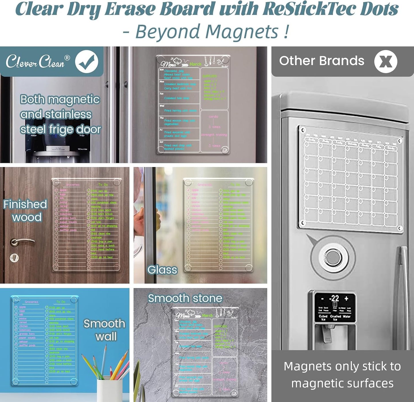 Clear Non-Magnetic Meal Planner Set for Fridge - Dry Erase Transparent Menu and List Board - Sticks to Wall, Glass, Door, Any Smooth Surfaces