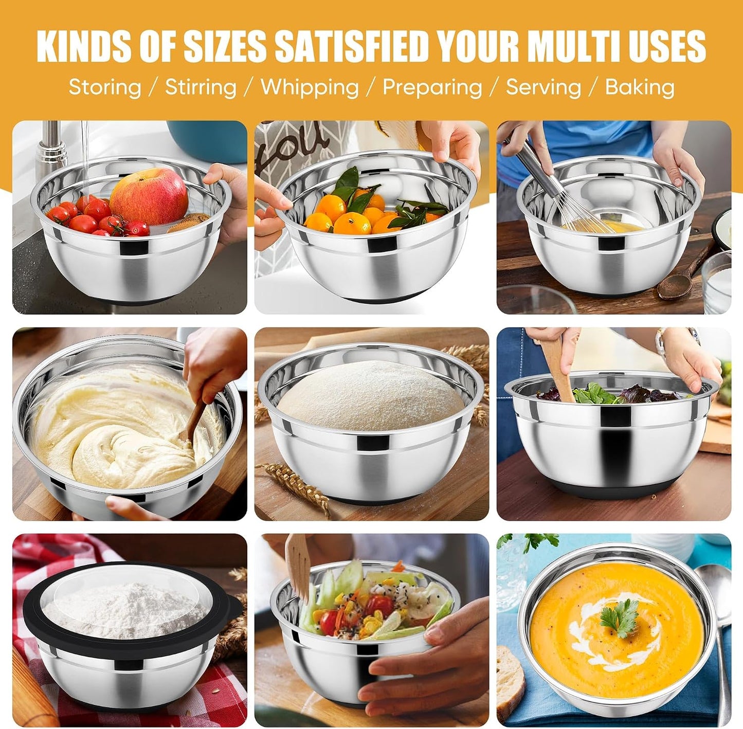 P&P CHEF Khaki Mixing Bowls Set of 6, Stainless Steel Mixing Bowl with Visible Lids for Salad, Metal Nesting Serving Bowls for Kitchen Cooking Prepping Storing Food, 4.6/3.5/2.6/2/1.5/1 QT