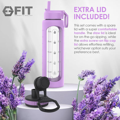 FIT Strong & Healthy 2 & 3 Compartment Glass Meal Prep Containers with LAVENDER Lids (4 Pack, 32 oz) and 32 oz Glass Water Bottle with Straw Lid, Time Marker, Sleeve & Extra Lid Bundle