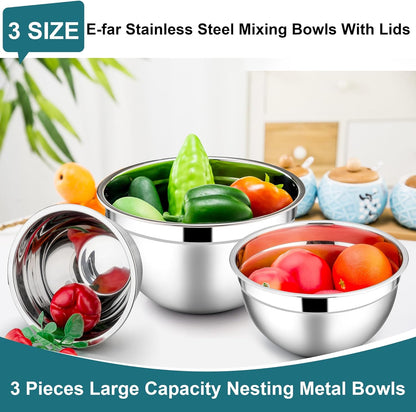 E-far Mixing Bowls With Lids Sets of 5, 10-Piece Stainless Steel Salad Metal Nesting Bowl for Baking Cooking and Prepping, Airtight Lid & Stackable Design, Size 4.6, 3, 2.1, 1.5, 0.7 QT, Black