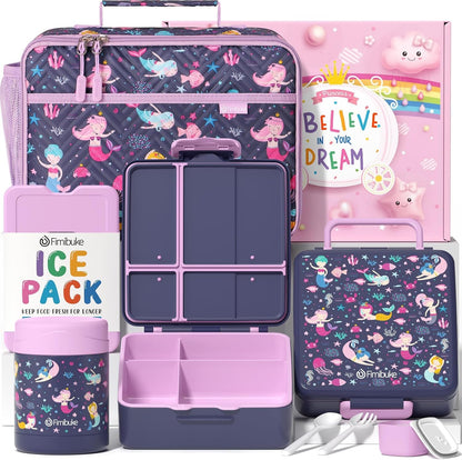 Fimibuke Kids Bento Snack Lunch Box with 4 Compartment, Insulated Lunch Bag, Stainless Steel Vacuum Thermo Food Jar, Ice Pack, Utensils Set, Birthday Gifts for Age 3-12 Back to School Toddler Girl Boy