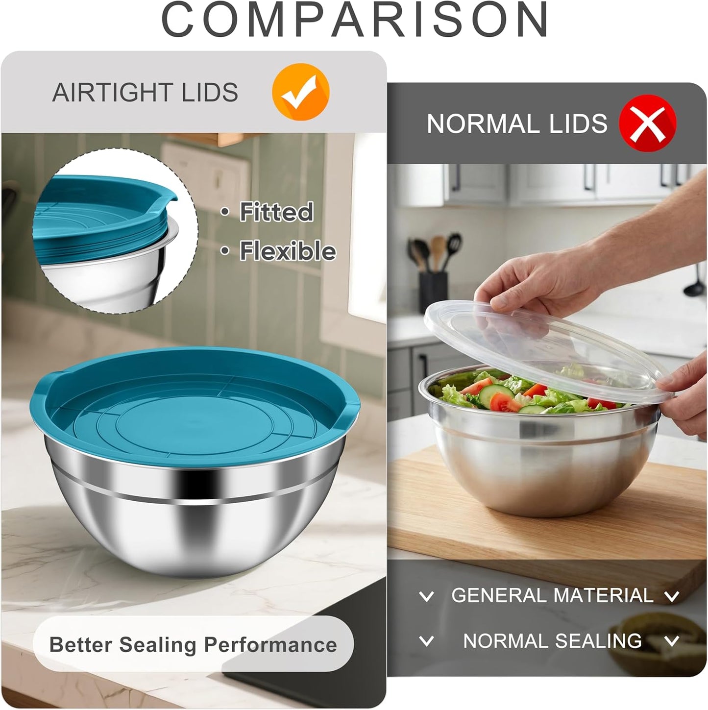 HaWare Mixing Bowls with Airtight Clear Lids, 6-Piece Stainless Steel Strong Nesting Bowls Set, Metal Salad Bowl for Cooking, Prepping, Baking, Serving & Food Storage, Size 4.6, 3, 1.5QT, Khaki