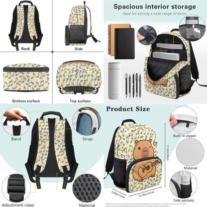 Cute Capybara Pizza Backpack for Girls, 5 Pcs Boys School Bag Set for Kids, 17 Inch Backpacks Lunch Pencil Box Reusable Utensils Case Set for Middle Elementary School, 3rd Grade Backpack