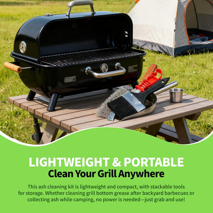 Grill Ash Cleaning Pellet 4-Piece Kit（Metal Material Durability） Includes Wire Brush，Ash Shovel，Bristle Brush，Angled Shovel，Effortlessly Removes Stubborn Grime & Collects Ash Debris