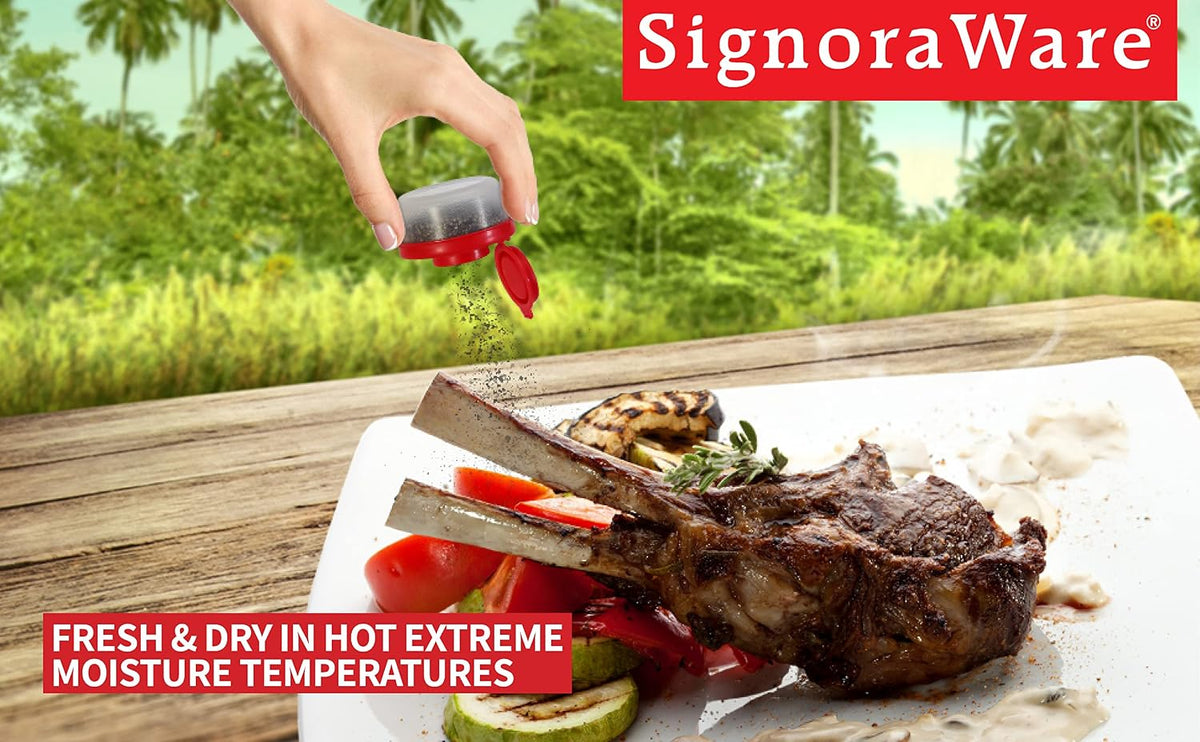 SIGNORAWARE Salt and Pepper Shakers Moisture Proof Set of 2 Large Salt Shaker to go Camping Picnic Outdoors Kitchen Lunch Boxes Travel Spice Set Clear with Red Covers Lids Plastic Airtight Dispenser