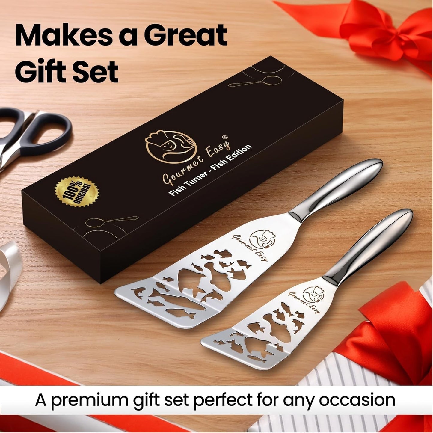 Gourmet Easy Fish Spatula Set, Ultra-Thin Edge for Easy Turning & Flipping | Stainless Steel, Kids Friendly, Ergonomic Non-Slip Grip for Secure Control, Versatile Use, Dishwasher Safe, 5-Year Warranty