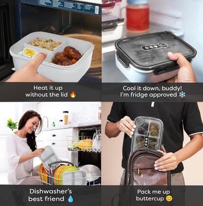 Bento Box Adult Lunch Box, 3 Compartment Meal Prep Containers with Lids, Clear Lunch Box Containers for Adults Men Women, Food Storage Containers - Microwave, Dishwasher Safe (Gray-Solid)