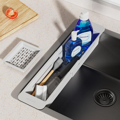 NiHome Extendable Over Sink Kitchen Organizer, Small Telescopic Brush Storage Rack for Sponge, Non-Slip Pads Expandable Sink Caddy, Adjustable Sponge/Brush Rack with Drainage Durable ABS (Dark Gray)