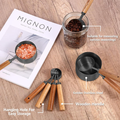 Gold Measuring Cups and Spoons Set with Fragrant Wood Handles, Premium Stainless Steel Measuring Spoons and Measuring Cups Set, For Cooking and Baking in the Kitchen (8 Piece)