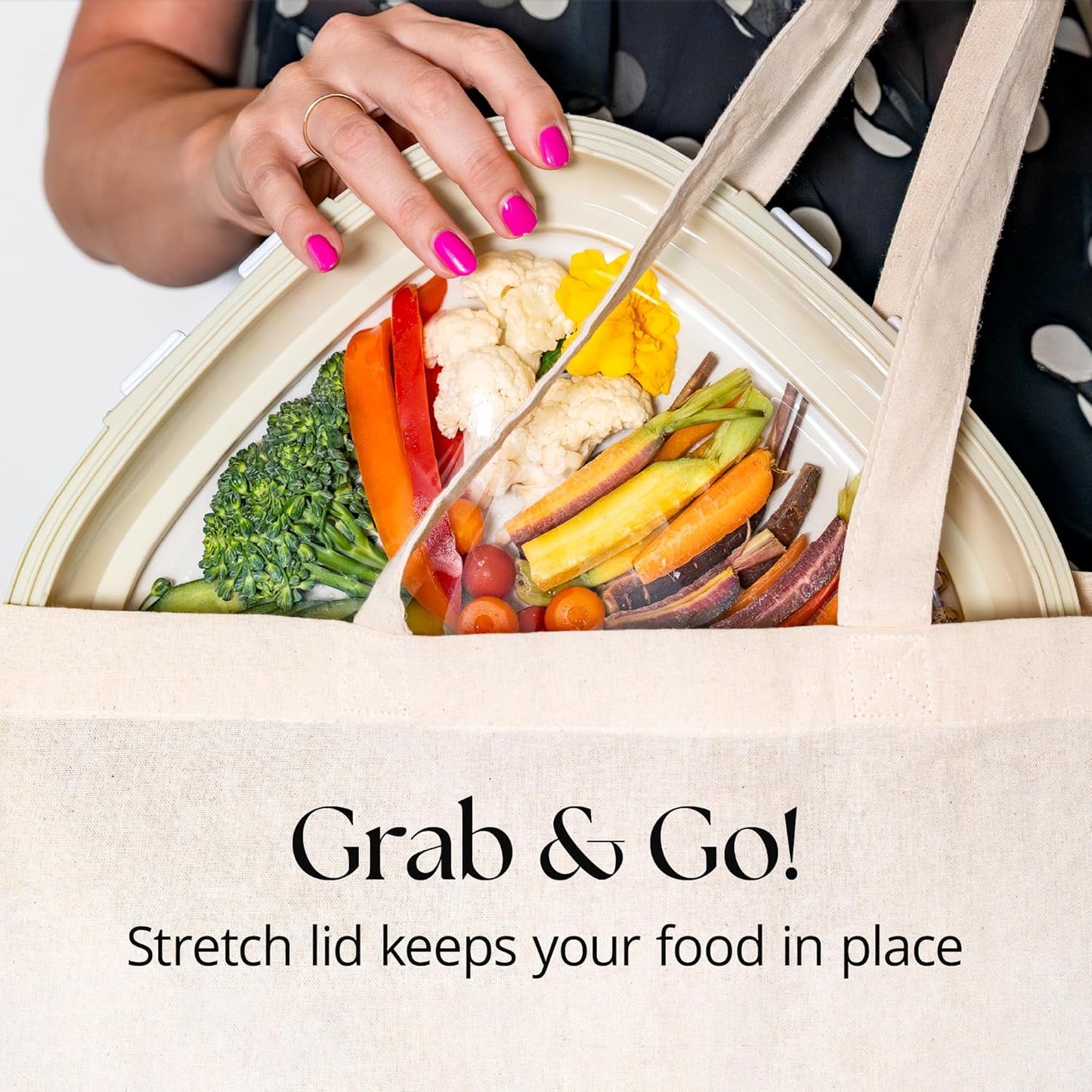 Crudités | Portable Snack Tray | Rectangle 2-Pack | Cream White | Reversible Stretch Lid Food Containers | BPA-Free, Freezer & Dishwasher Safe | Meal-Prep, Charcuterie, Salads, Picnic, Travel
