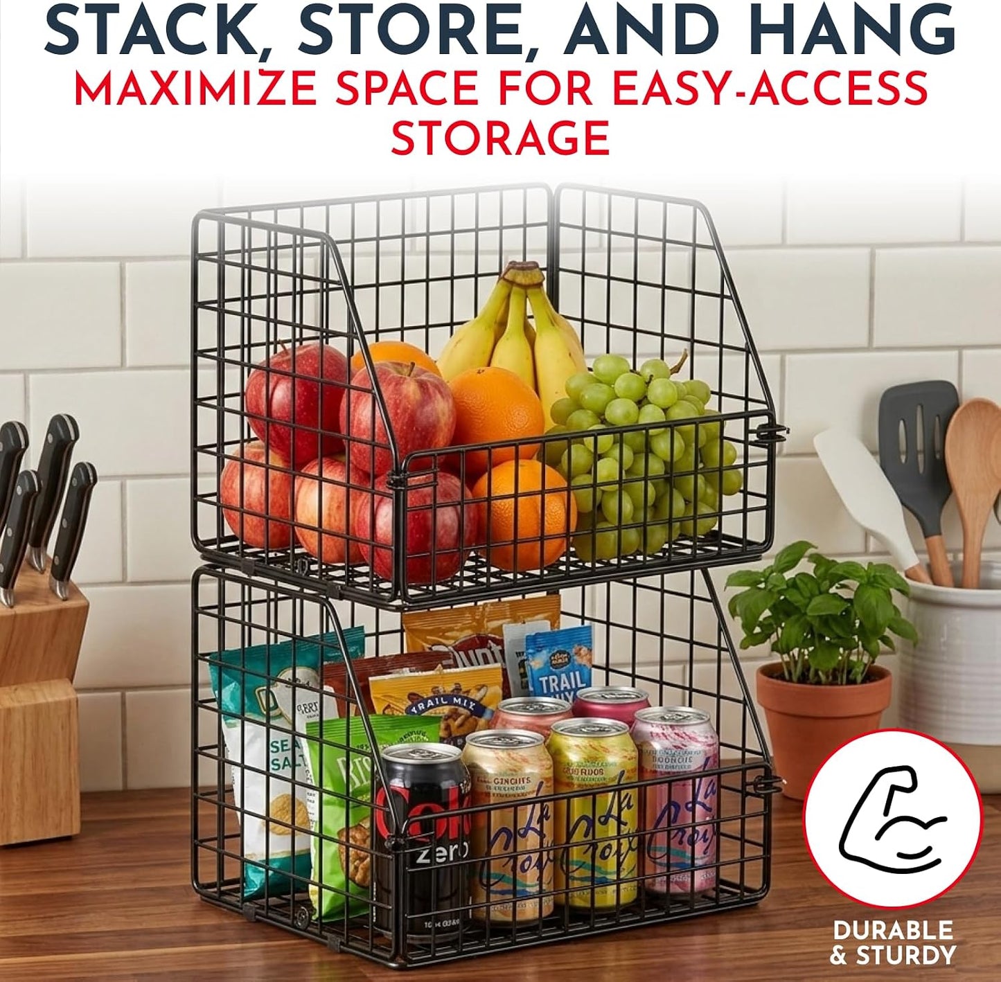 3x Stackable Hanging and Counter Baskets, Hanging Fruit Baskets for Kitchen