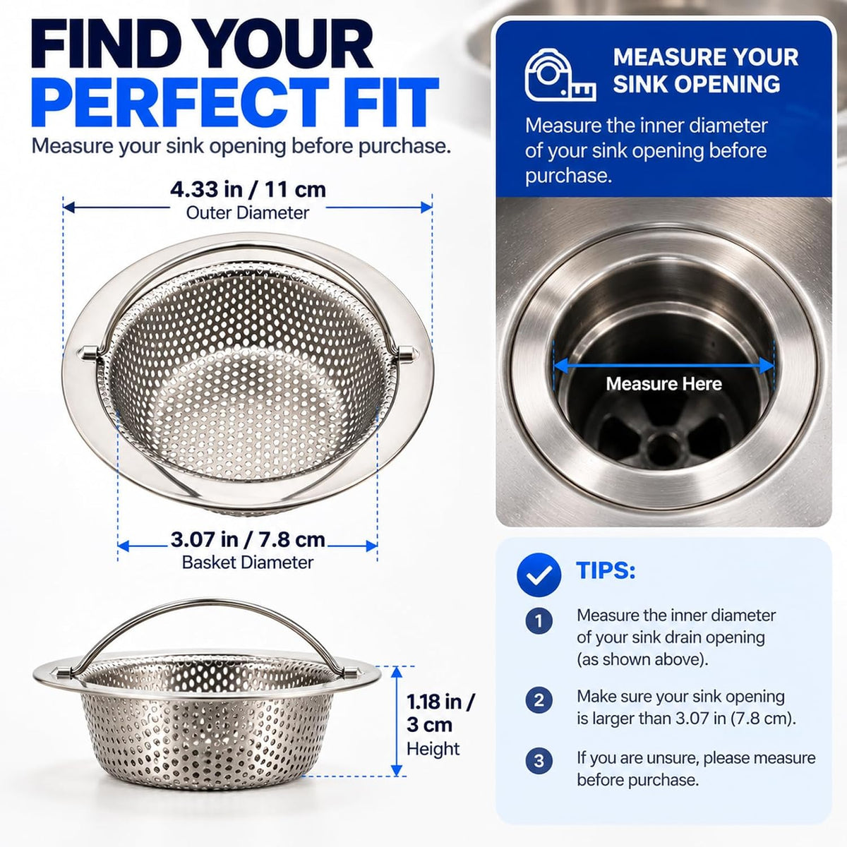 Kitchen Sink Drain Strainer & Stopper with Basket, Stainless Steel Drain Plug Cover Catcher for Food Waste - Sink Accessories for Home or Kitchen Sink Shroom Fit US Standard 3-1/2'' Drain Hole