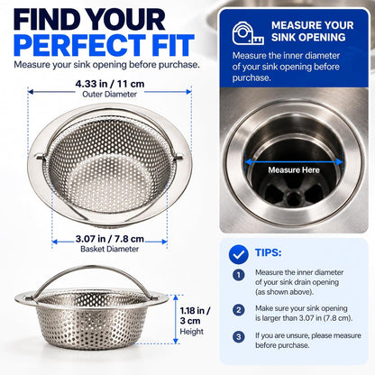 Kitchen Sink Drain Strainer & Stopper with Basket, Stainless Steel Drain Plug Cover Catcher for Food Waste - Sink Accessories for Home or Kitchen Sink Shroom Fit US Standard 3-1/2'' Drain Hole