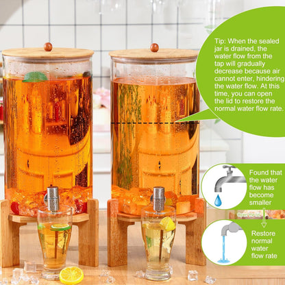 FillTouch 2 Pack 2.5 Gallon Drink Dispensers for Parties, Glass Beverage Dispensers with Bamboo Stand, Spigot and Bamboo Lid Leakproof for Lemonade Juice, Tea, Water, and Party Drinks