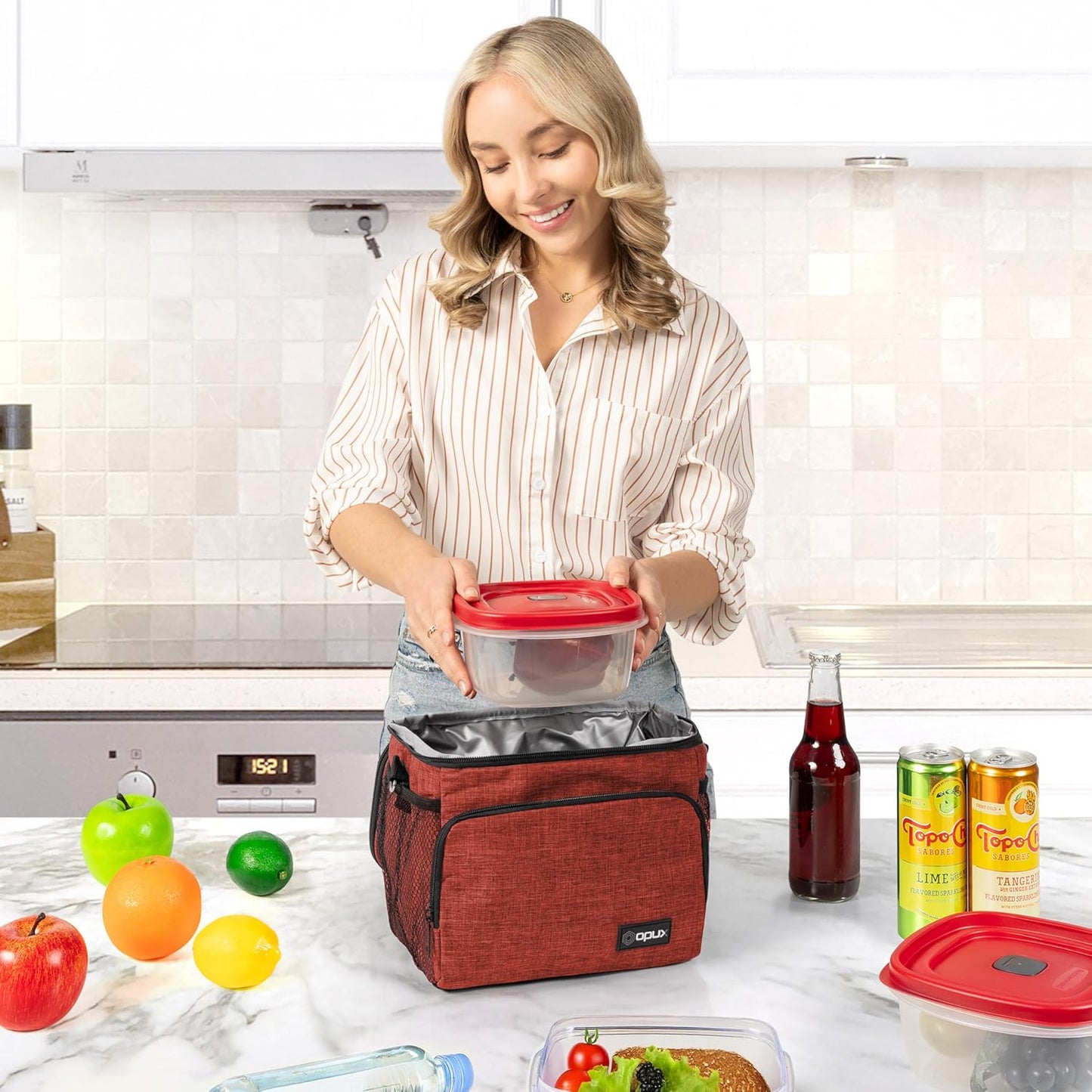 opux Insulated Lunch Bag for Men Women, Large Dual Compartment Cooler Bag, Soft Two Deck Lunch Box for Work School Picnic, Leakproof Lunch Tote with Shoulder Strap for Kid Adult (Purple, Double Deck)