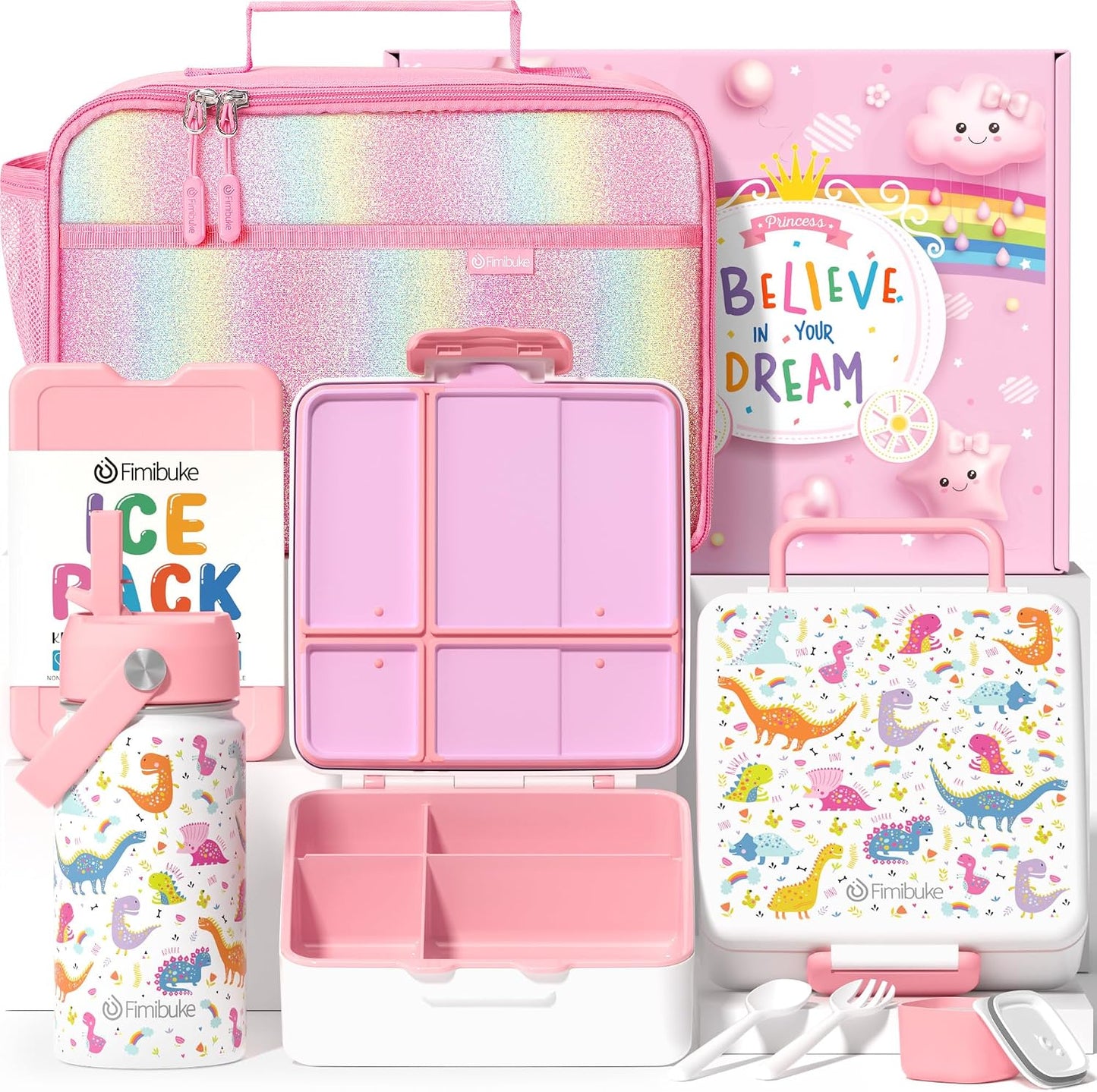 Fimibuke Kids Bento Lunch Box with 4 Compartments, Insulated lunch Bag, Stainless Steel Insulated Water Bottle, Ice Pack & Utensils Set, Birthday Gifts for Ages 3-12 Back to School Toddler Girls Boys