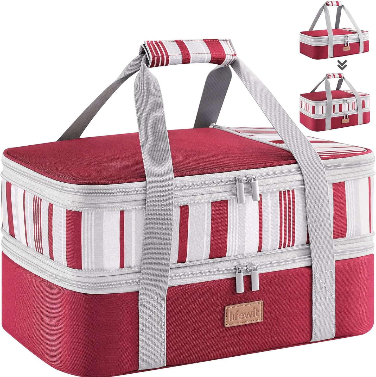 Lifewit Insulated Double Decker Casserole Carrier, Expandable Lasagna Lugger Tote Bag for Hot or Cold Food, Fits 9" x 13" Baking Dish for Potluck Parties, Picnic and Cookouts, Grey-Geometric