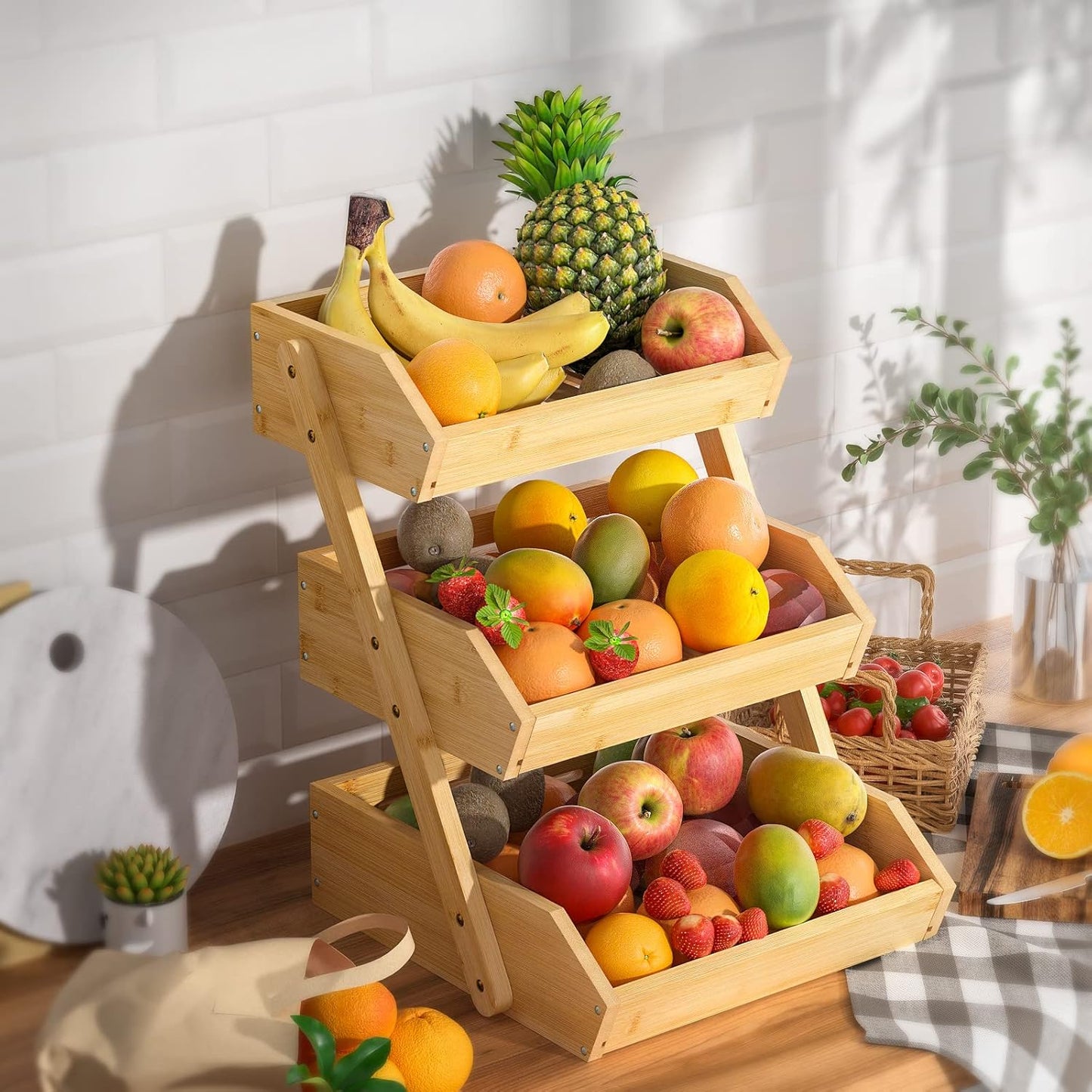 G.a HOMEFAVOR Large Bamboo Fruit Basket, 2-Tier Fruit Bowl for Kitchen Counter, Vegetable Storage Stand for Fruit Shop, 15 mm Thickness (Self-assembly)