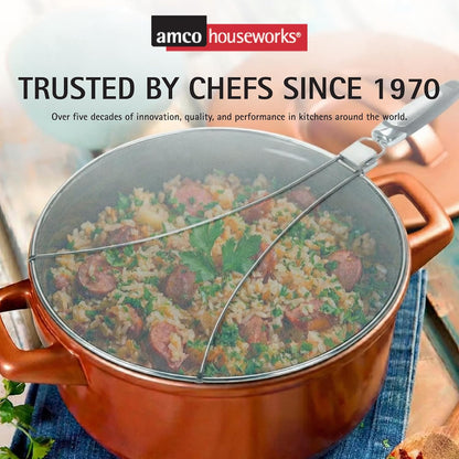 Amco 13" Splatter Screen with Foldable Handles - Stainless Steel Odor Absorber, Dishwasher Safe Versatile Kitchen Tool for Pans of All Sizes - Prevents Messy Splatters