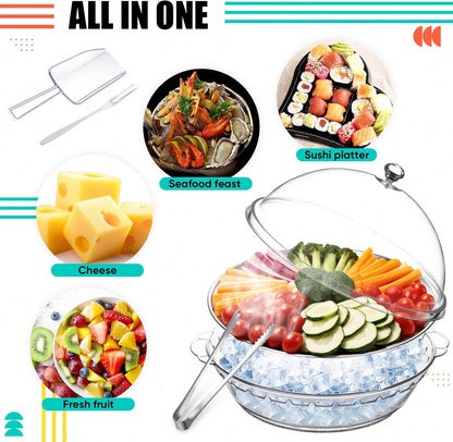 Baderke 11.8" Chilled Serving Tray for Parties with Compartments and lid Ice Chilled Party Platter Charcuterie Serving Board Cold Dish Dip for Fruit Seafood Vegetable Shrimp Cocktail(Silver,2 Pcs)