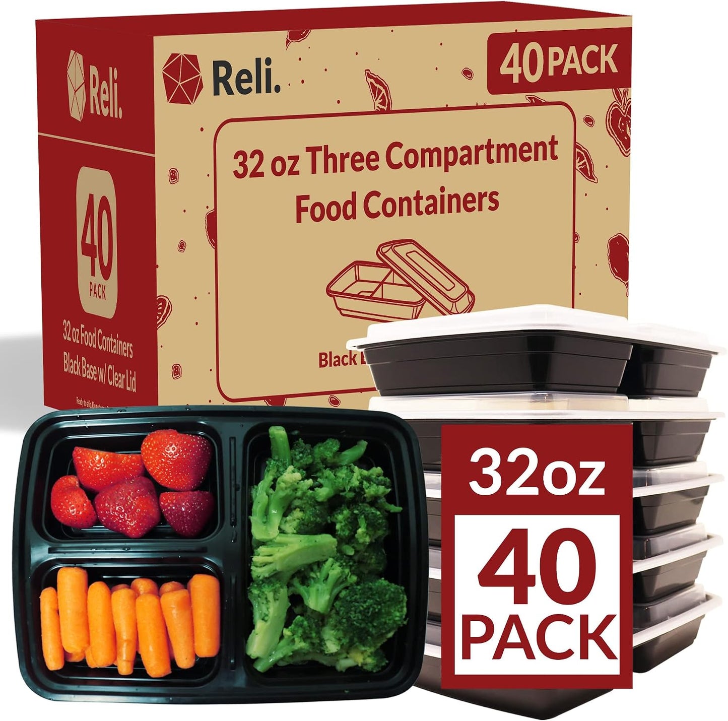 Reli. Meal Prep Containers, 32 oz. | 40 Pack | 3 Compartment Food Container w/Lids | Microwavable Food Storage, To Go | Black Reusable Bento Box/Lunch Box for Meal Prep