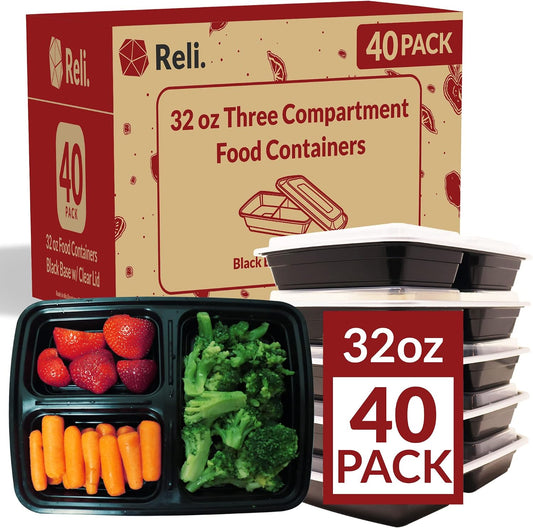 Reli. Meal Prep Containers, 32 oz. | 40 Pack | 3 Compartment Food Container w/Lids | Microwavable Food Storage, To Go | Black Reusable Bento Box/Lunch Box for Meal Prep