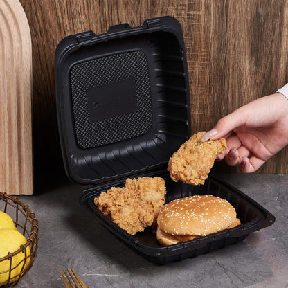 FULING [8x8-Inch, 50 Pieces, 3-Compartment Disposable To Go Box Containers, Plastic Clamshell Takeout Food Trays, Microwave Safe, Cut Resistantstable Hinged Lid, Hybrid Polypropylene, White