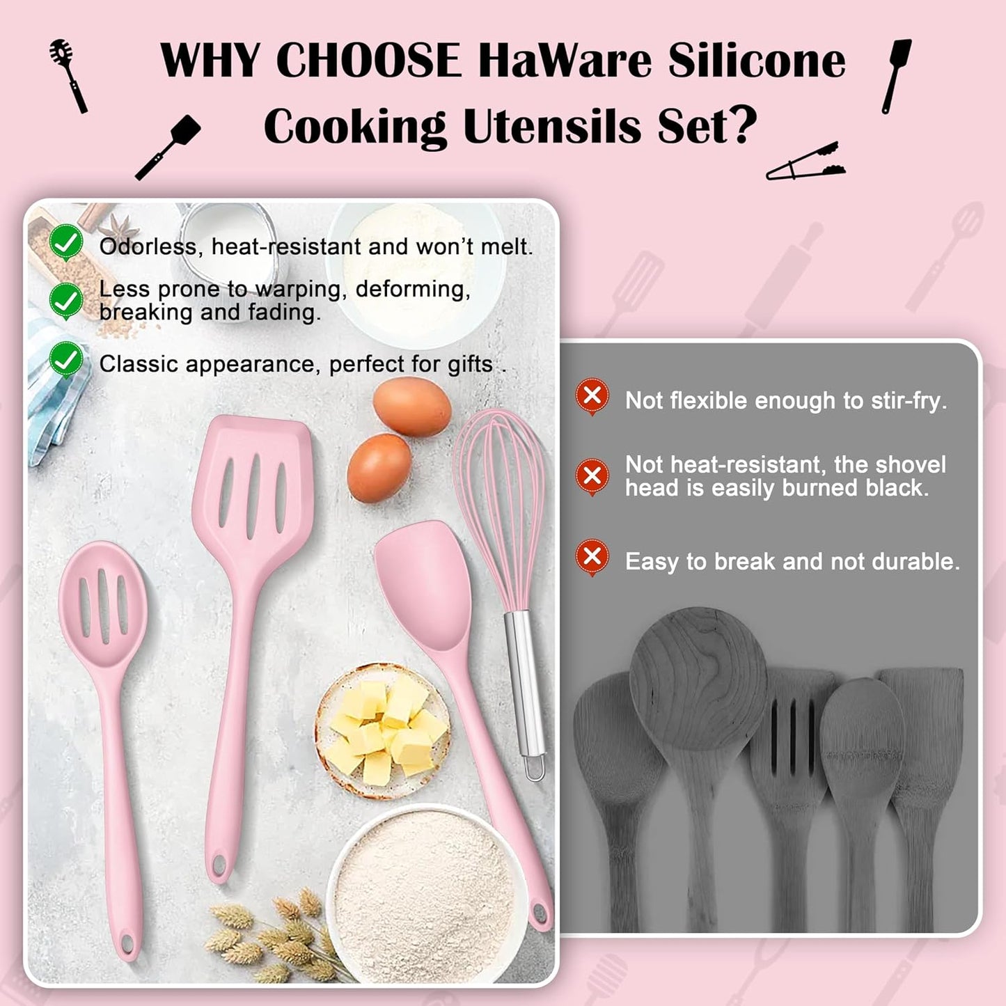 HaWare Kitchen Utensils, 14 PCS Silicone Cooking Utensils Set, Heat Resistant Kitchen Utensils for Non-stick Cookware, Kitchen Gadgets Tools with Spoons, Spatulas, Whisk, Dishwasher Safe (Black)